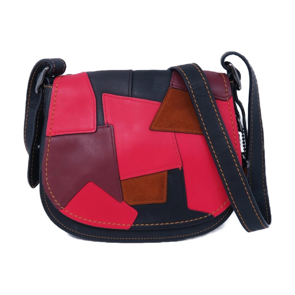COACH SHW Shoulder Bag Crossbody Calfskin Suede Leather Black Red Multi color